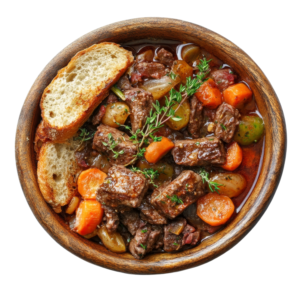 Hearty beef stew with bread and vegetables served in a wooden bowl on a neutral background, dish made of bread, beef, and vegetables top view isolated on transparent background png