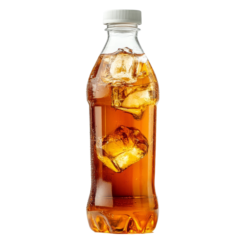 Refreshing bottle of iced tea with ice cubes on a clean transparent background, bottle of ice tea on transparent background png