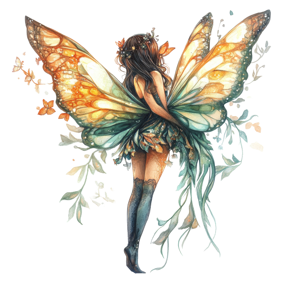 Enchanting fairy with butterfly wings gracefully posed amid floral elements on a soft background, Enchanting Fairy Illustration on transparent background png