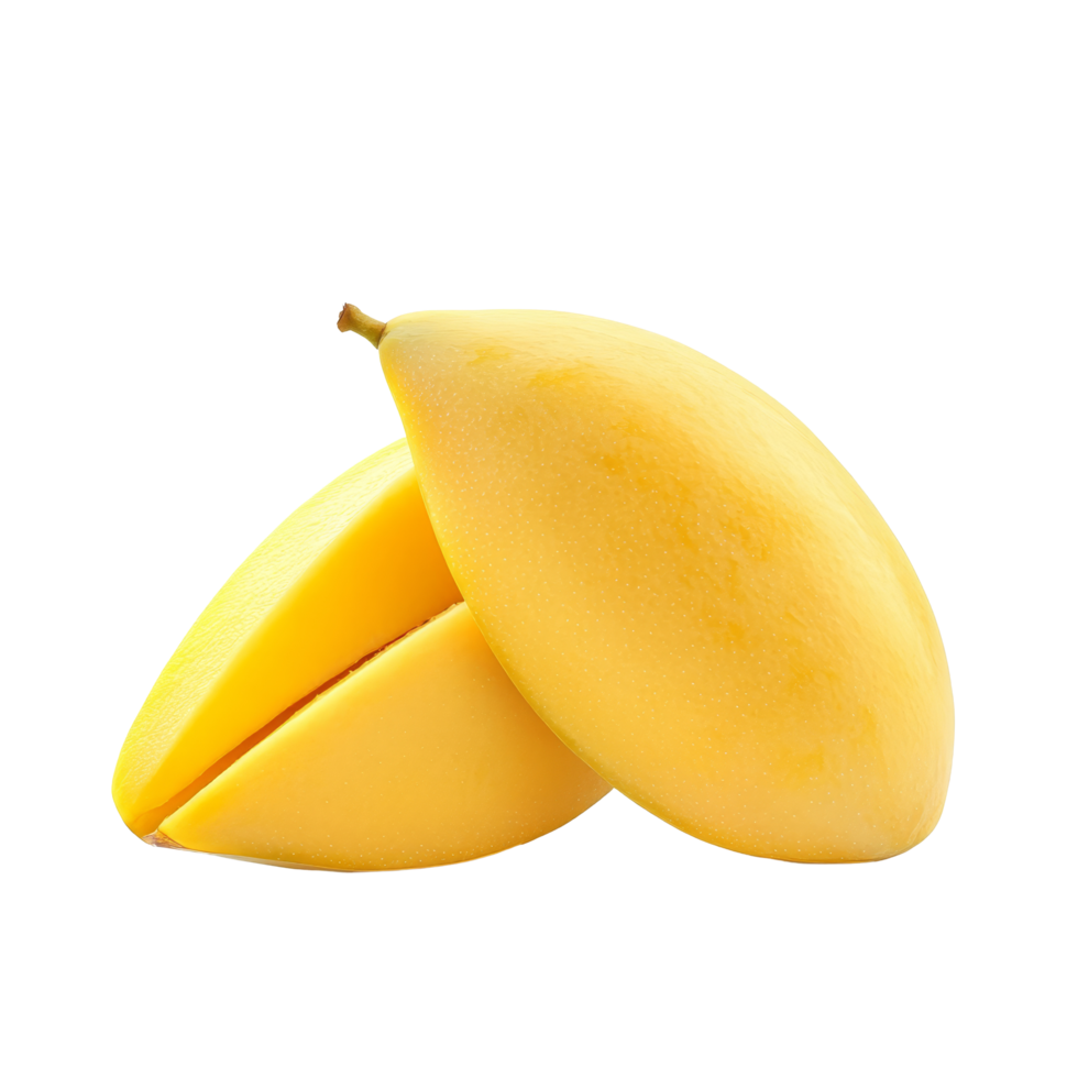 Fresh yellow mango halves isolated on a bright transparent background, showcasing vibrant color and juicy texture, Yellow mango isolated on transparent background png