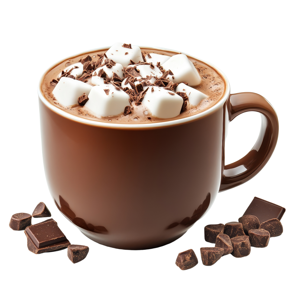 Delicious hot chocolate topped with marshmallows and chocolate shavings on a transparent background in a cozy setting, Delicious hot chocolate on transparent background png
