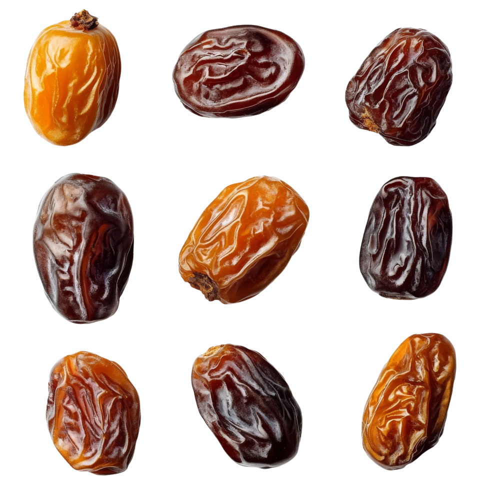 A colorful assortment of dates arranged on a transparent background showcasing their rich textures and natural variety, dates on transparent background png