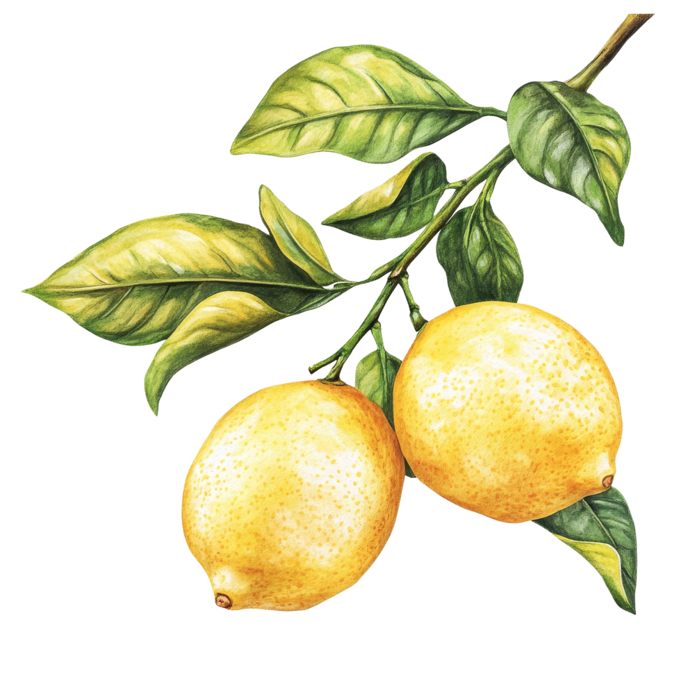 Branch of fresh lemons with vibrant green leaves on transparent background showcasing natures beauty, Branch of delicious lemons on whtie background cutouts png