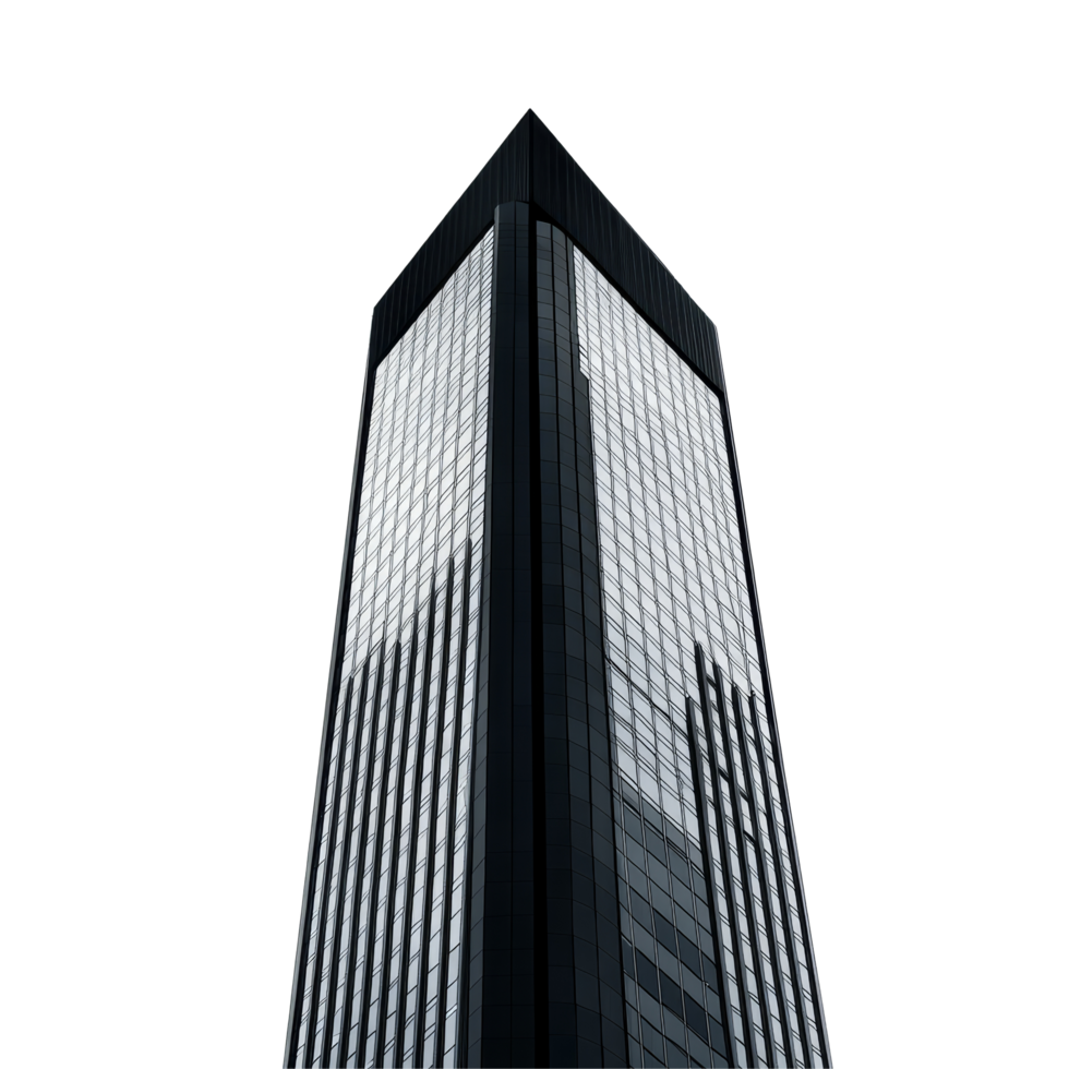 The sleek skyscraper dominates the view from below, emphasizing its height and modern design, skyscraper, isolated transparent background png