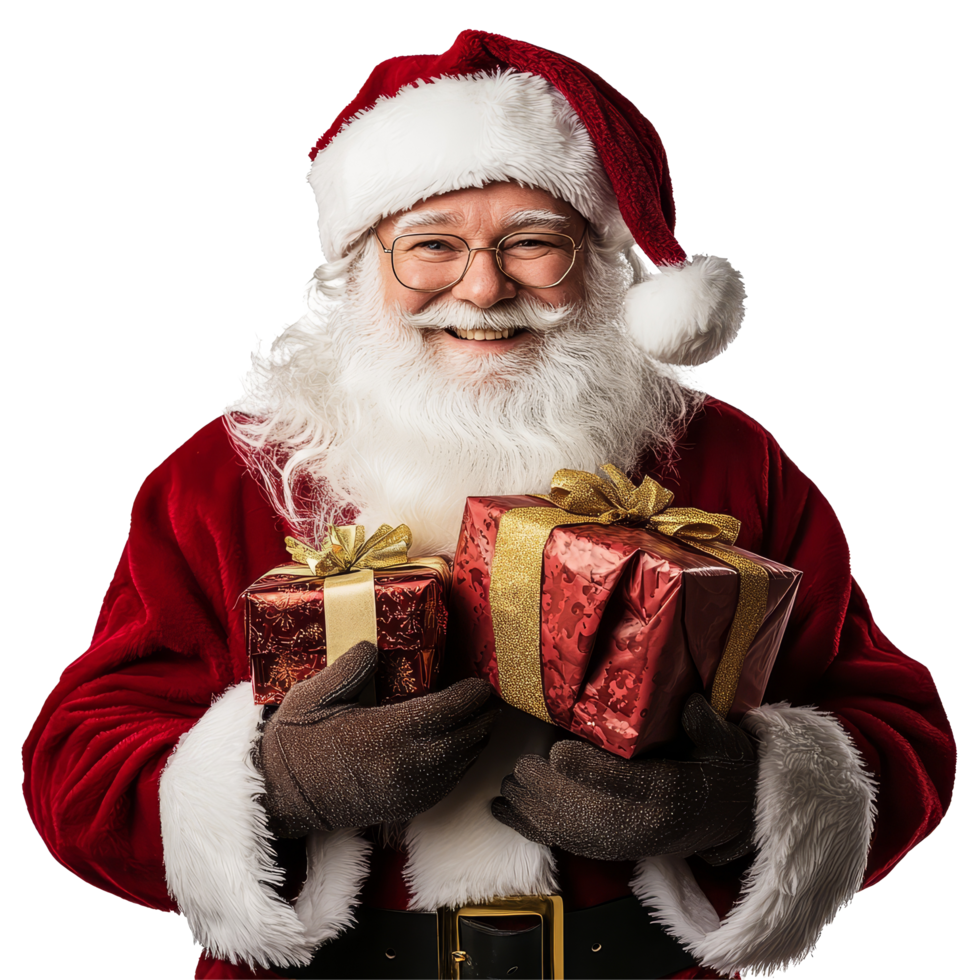 Santa Claus joyfully holding colorful presents on a bright transparent background, santa claus with presents isolated on transparent background png