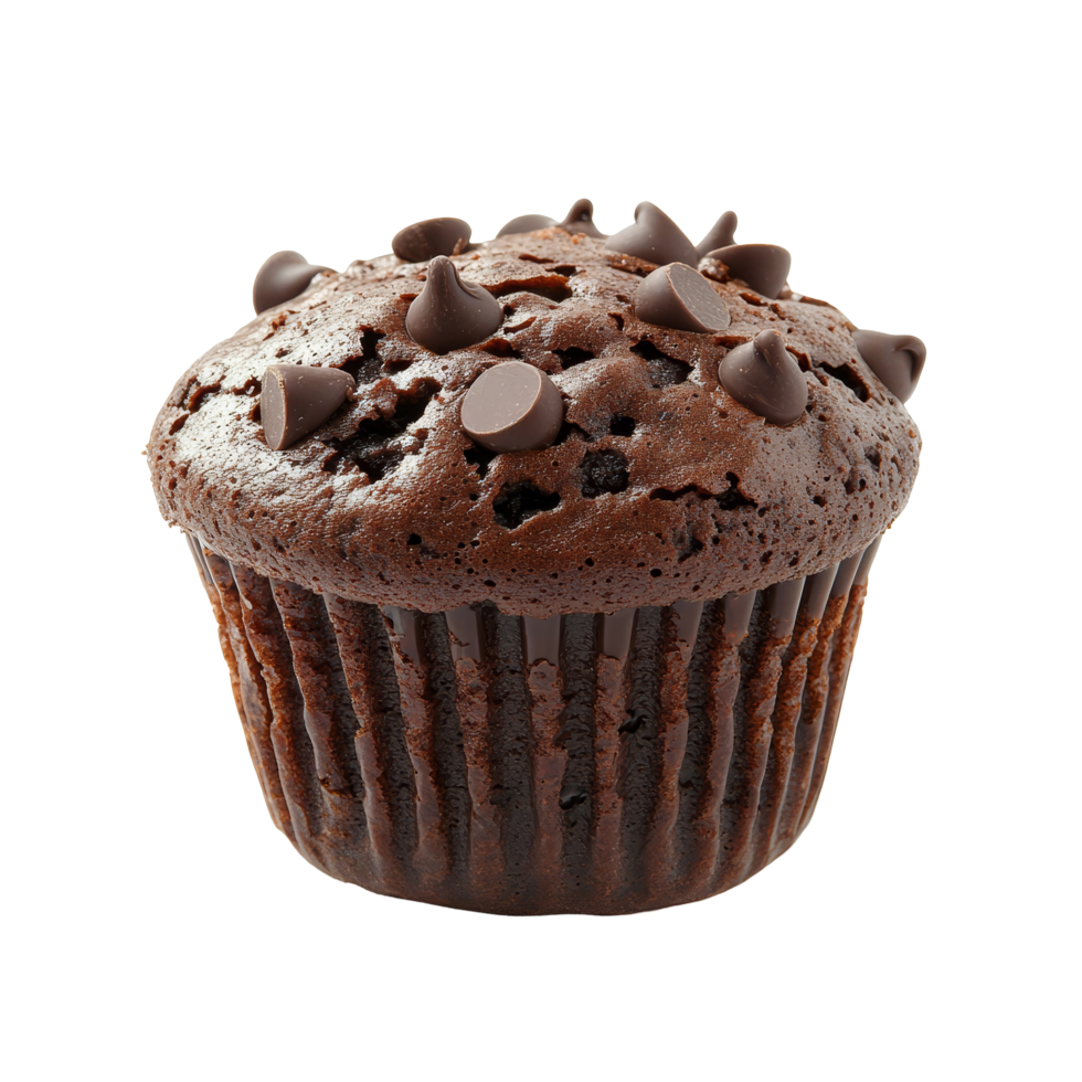 Indulge in a rich chocolate fondant muffin topped with chocolate chips for a sweet treat any time of day, delicious chocolate fondant muffin with a few chocolate chips on transparent background png