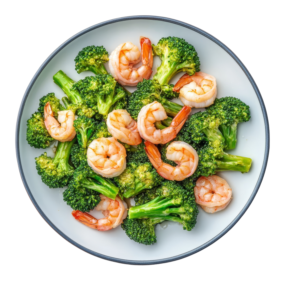 Healthy Thai stirfried broccoli with shrimp served on a transparent plate, Thai healthy food stirfried broccoli with shrimp on transparent background png