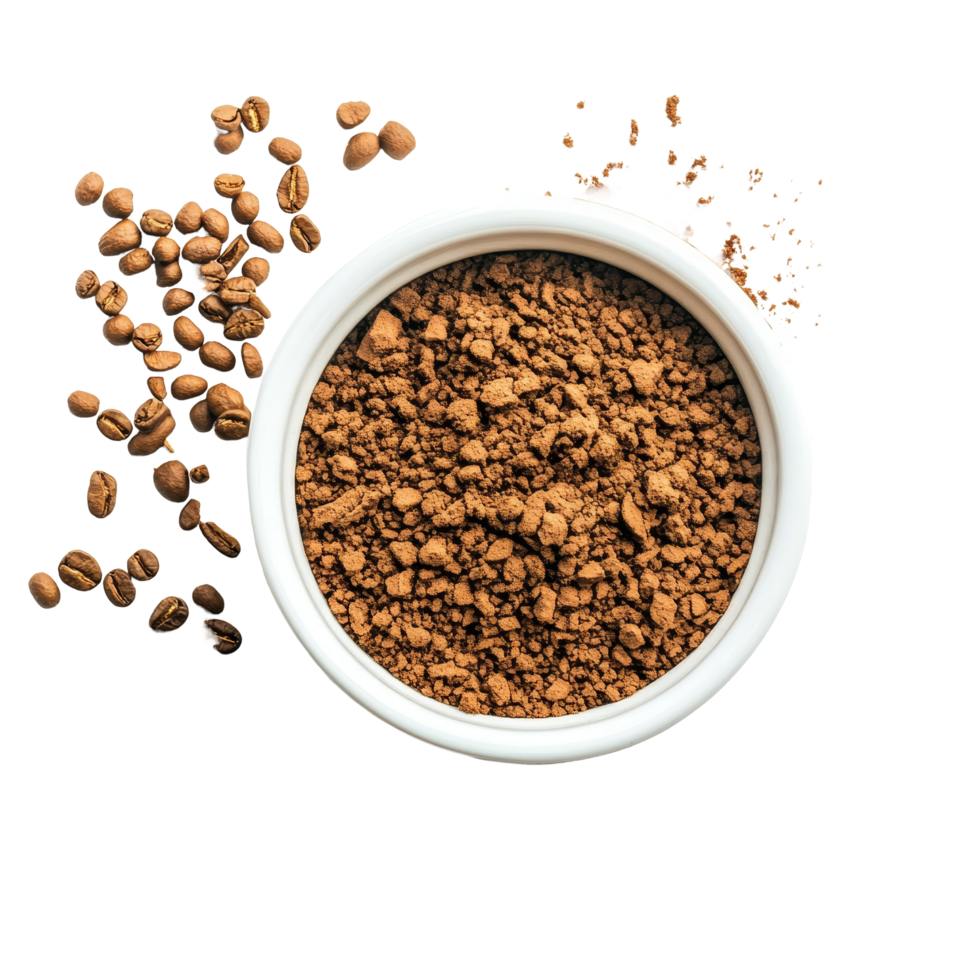 Instant coffee granules and roasted beans on a clean transparent background for coffee lovers and enthusiasts, instant coffee on transparent background png