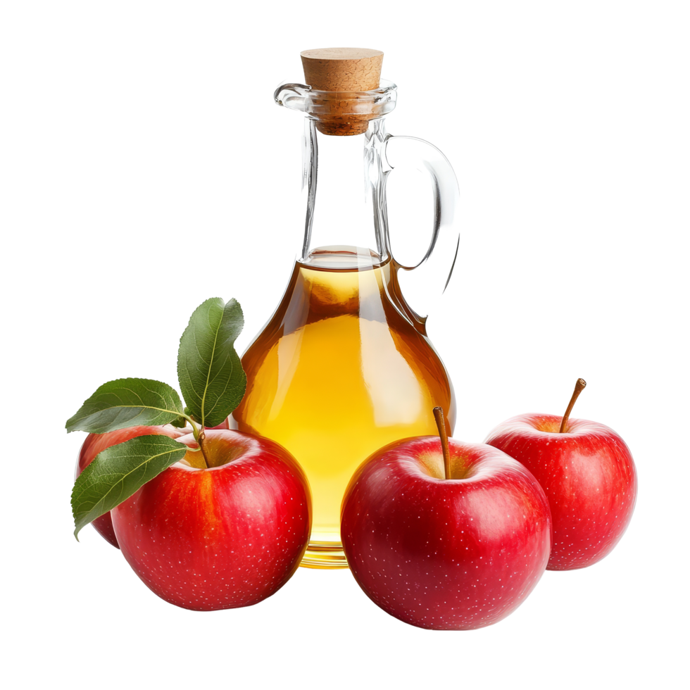 Fresh apples surround a bottle of apple cider vinegar on a transparent surface, Bottle of apple cider vinegar with fresh red apples png