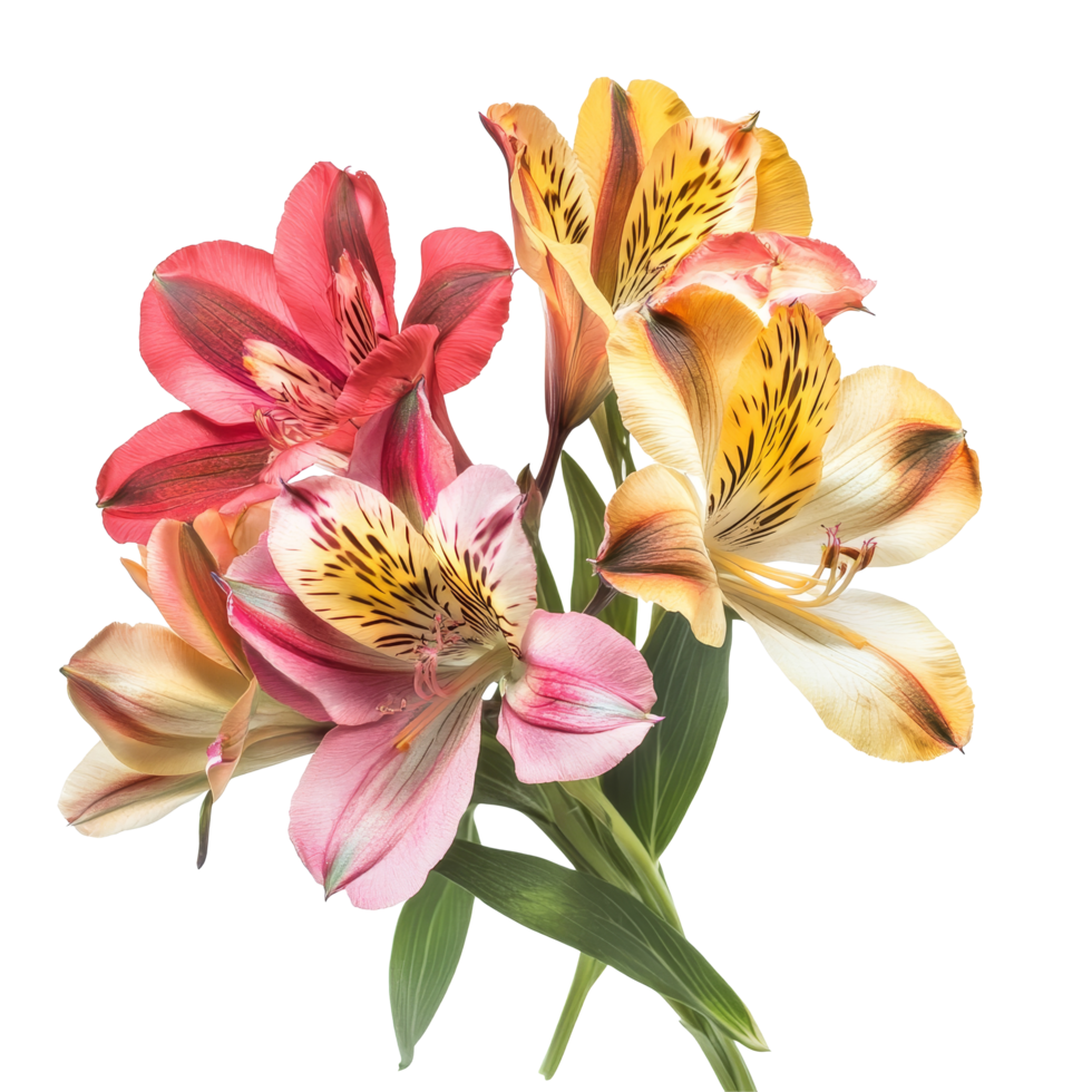 Beautiful arrangement of alstroemeria flowers against a clean transparent background in bright colors, alstroemeria flowers isolated transparent background png