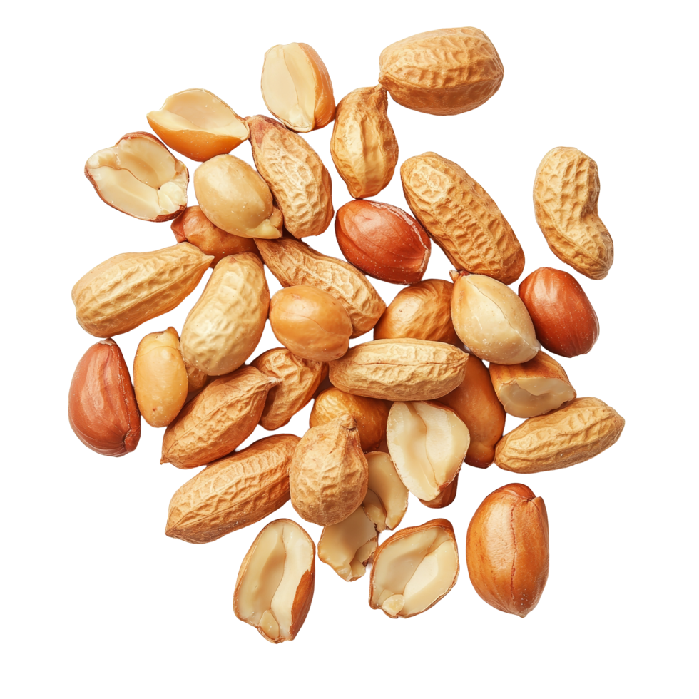 A group of peeled and unpeeled peanuts displayed on a clean transparent surface for culinary use or snack preparation, Group of peeled and unpeeled peanuts isolated on transparent background png