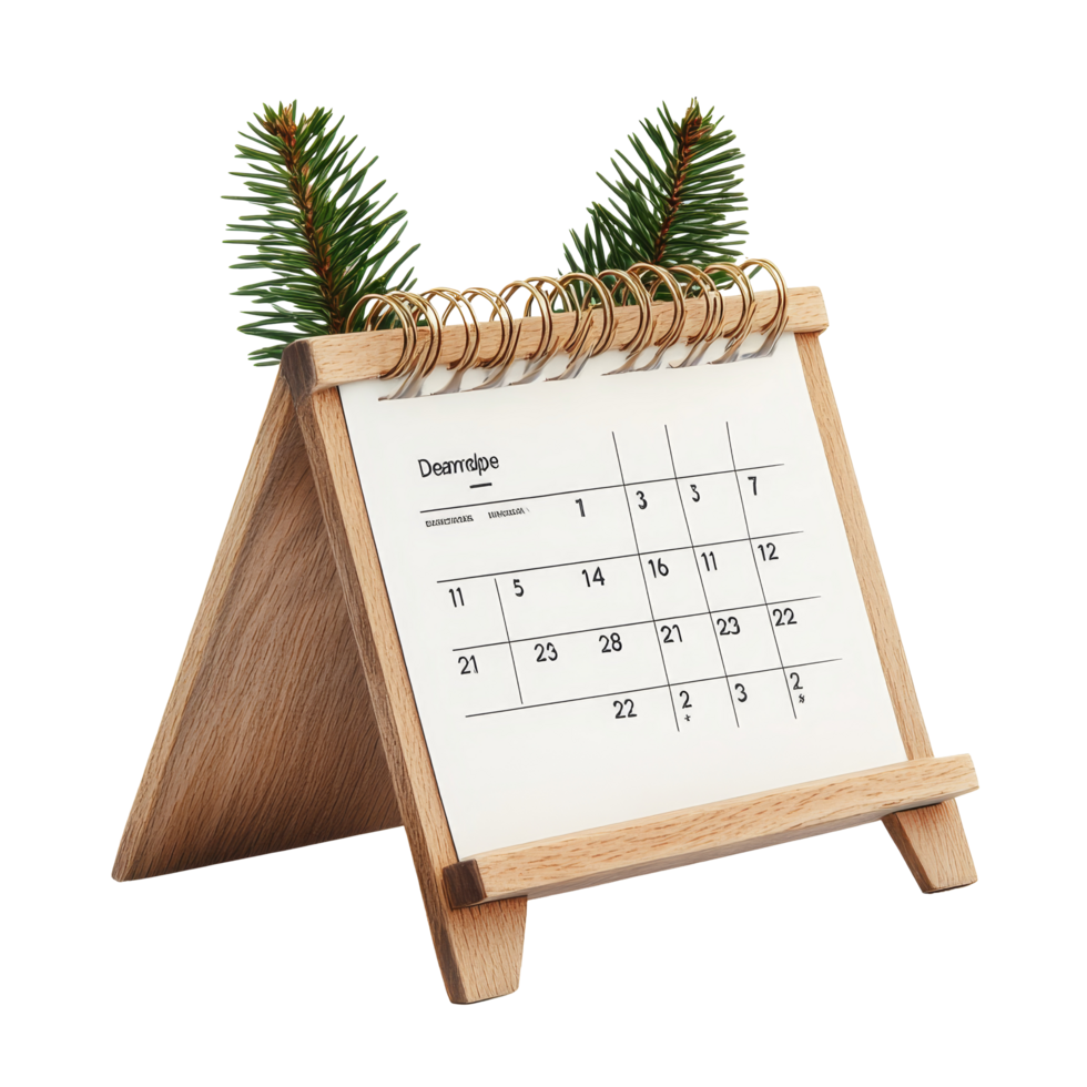 December table calendar with wooden stand and festive greenery isolated on a transparent background, table calendar 2024 december isolated on transparent background png