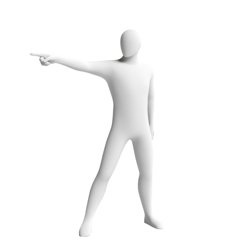 Minimalistic figure standing on a transparent background while pointing in a specific direction during a clear presentation, pointing man minimalistic simple 3d isolated on transparent background png