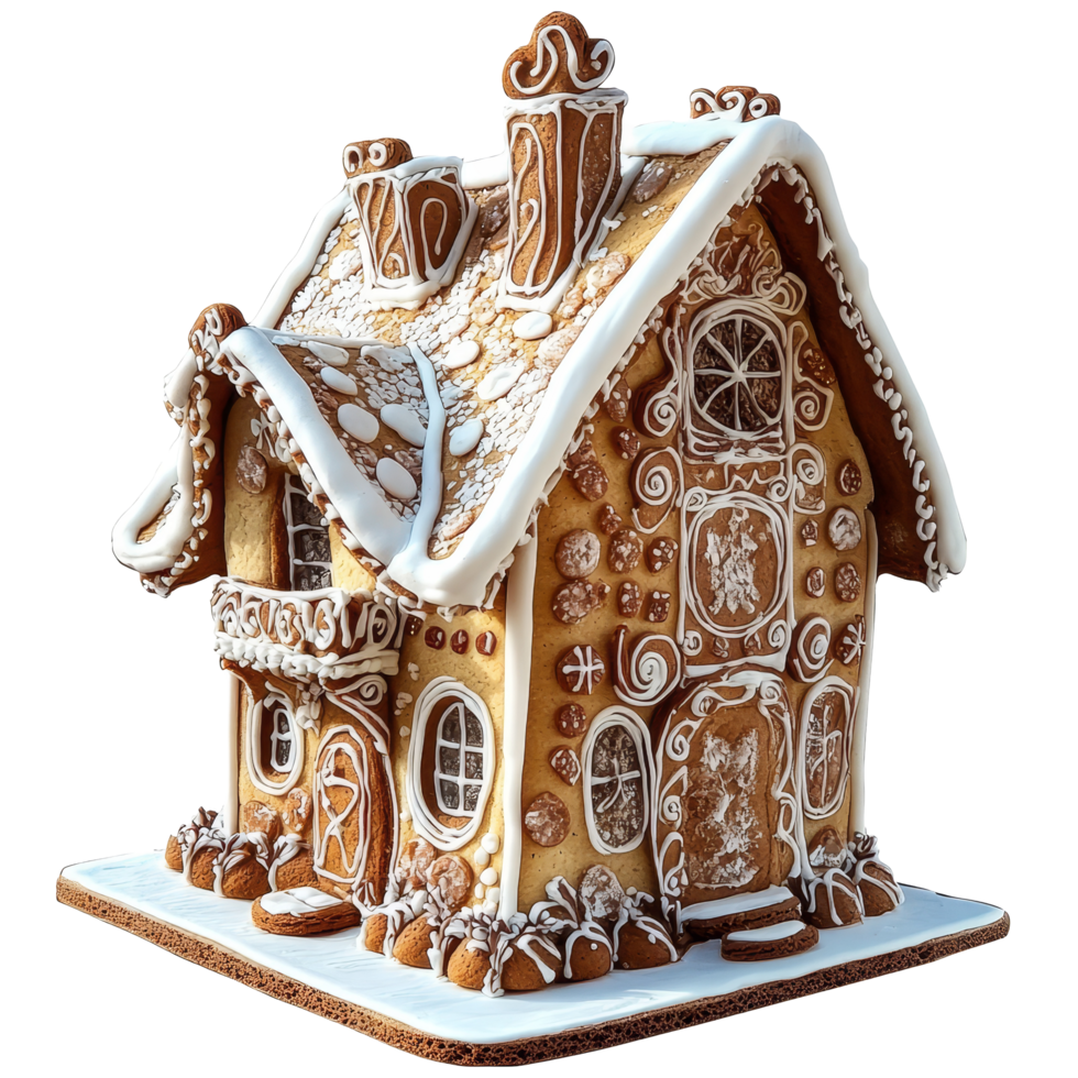 Beautifully crafted gingerbread house decorated with icing on a transparent background for festive celebrations, Gingerbread House Isolated on transparent background png