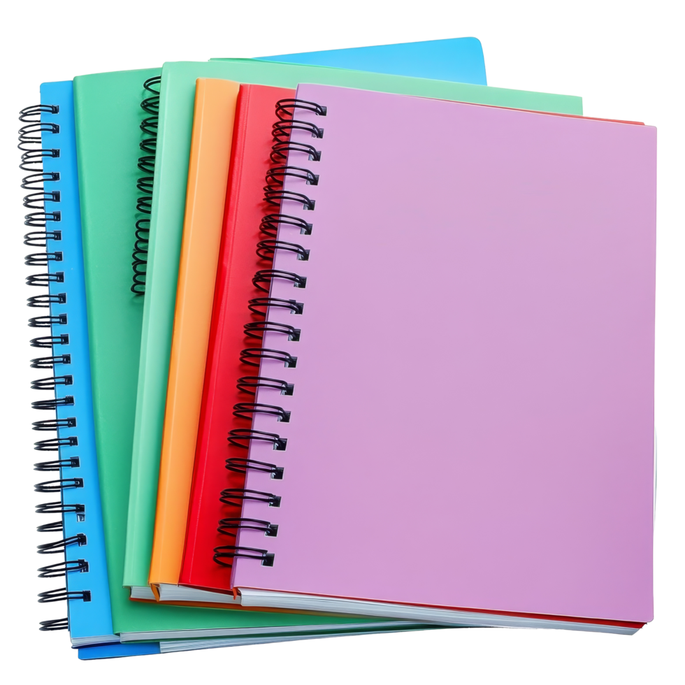 Colorful spiral notebooks stacked together on a transparent background for school and office use, Spiral Notebooks Isolated on transparent background png