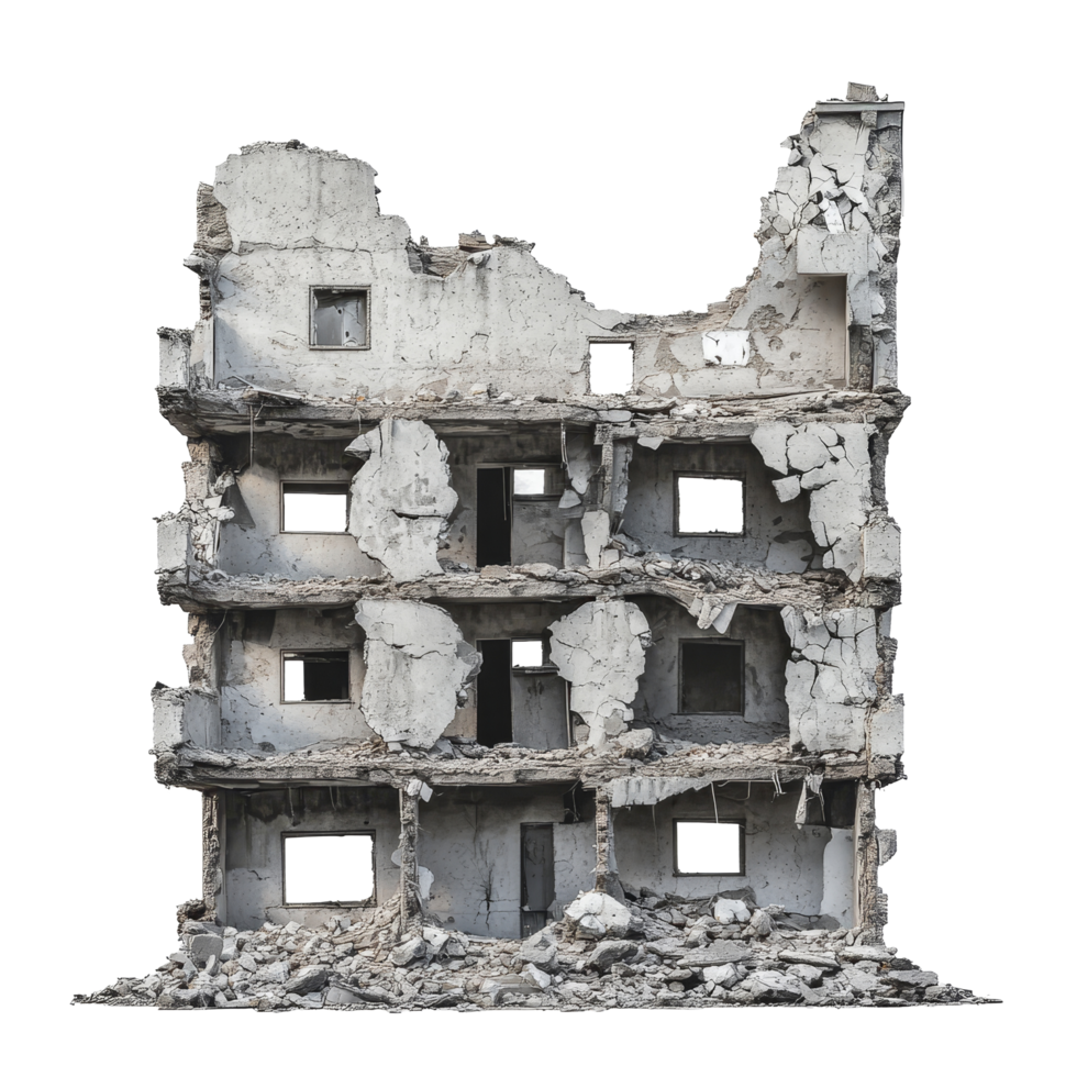 A destroyed building stands isolated on a transparent background, showcasing the impact of time and neglect on its structure, Destroyed building on transparent background png