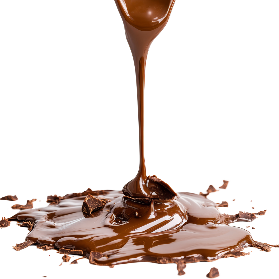 Velvety chocolate pouring and dripping onto a smooth surface on a transparent background, Velvety Chocolate Pour and Drip isolated on transparent background png
