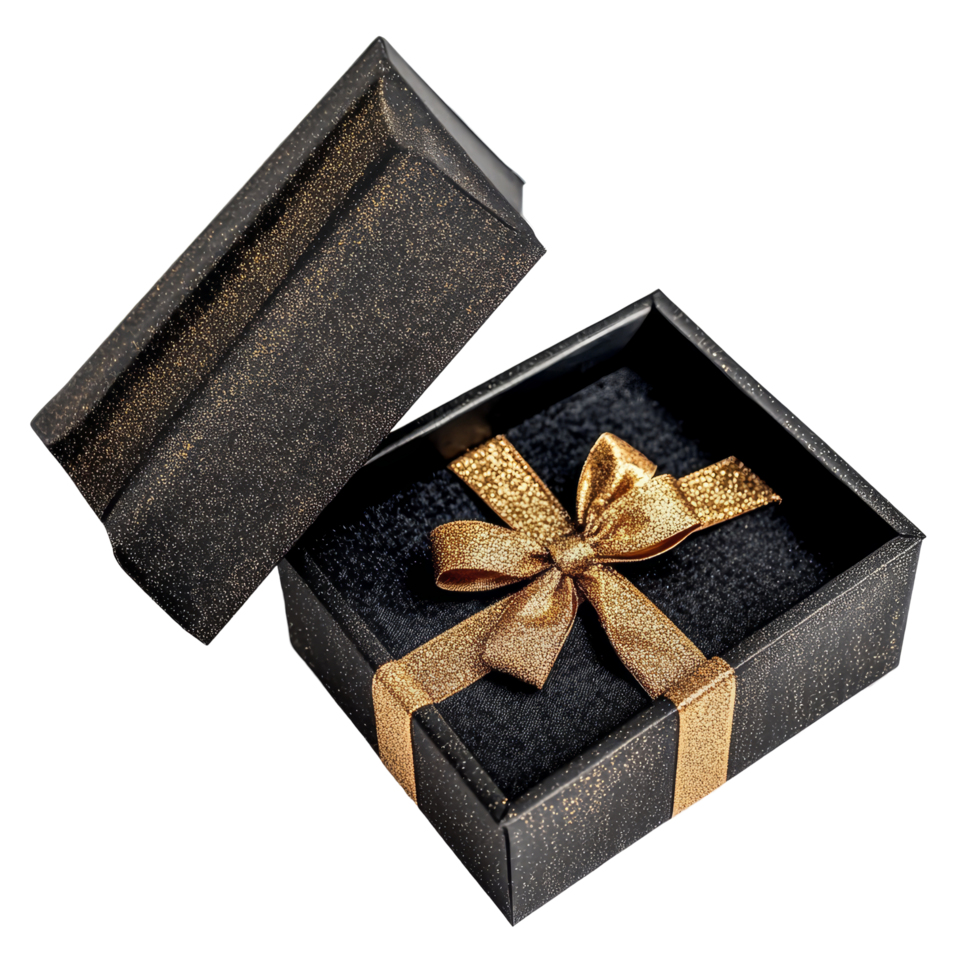 Exciting Black Friday sale featuring an open black gift box adorned with a golden bow and transparent, Black Friday sale, Black color open gift box with gold bow isolated on transparent background png