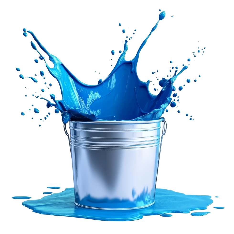 Vibrant blue paint splashes dramatically from a silver bucket on a clean transparent background, blue paint splashing from silver shiny paint bucket on transparent background png