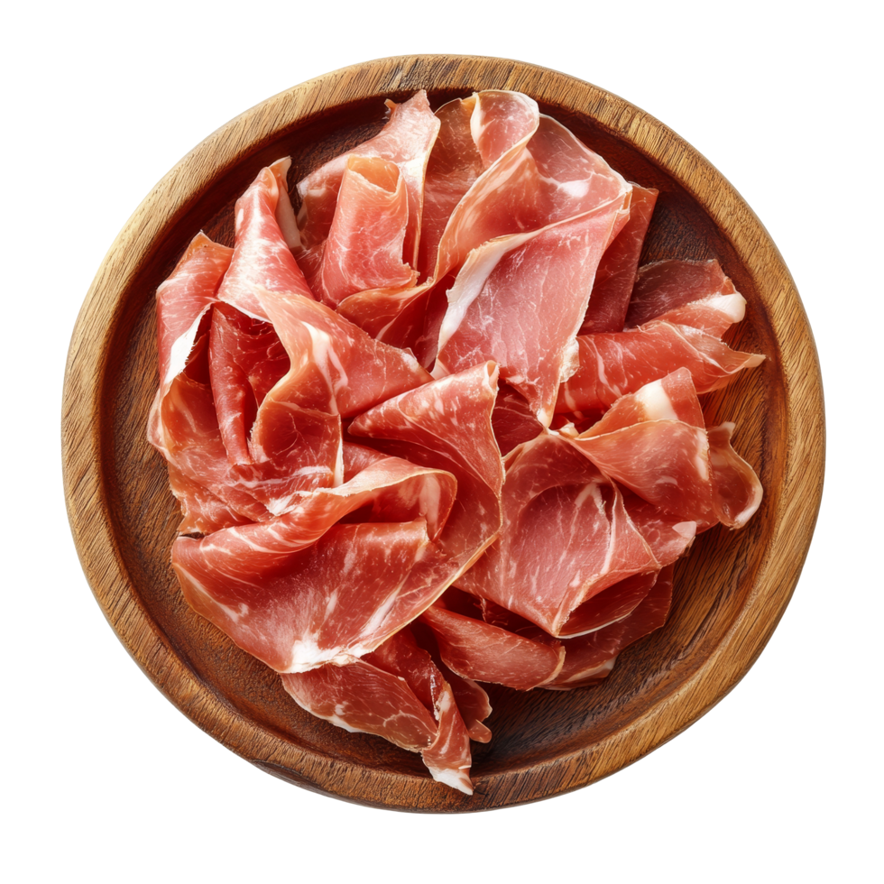 Sliced prosciutto artfully arranged on a wooden plate set against a clean transparent background, Prosciutto on wooden plate isolated on transparent background png