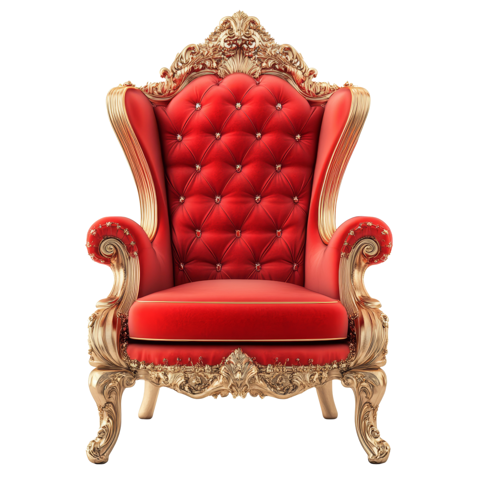 Red luxury king chair with golden ornaments gracefully isolated on a transparent background, red luxury king chairs with golden ornaments isolated on transparent background png