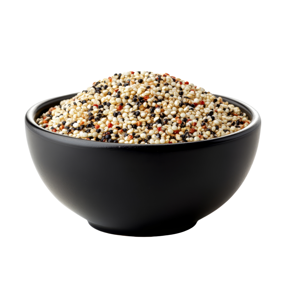 Quinoa sitting in a black bowl against a clean transparent background showcasing its diverse colors and textures, Quinoa in black bowl on transparent background png