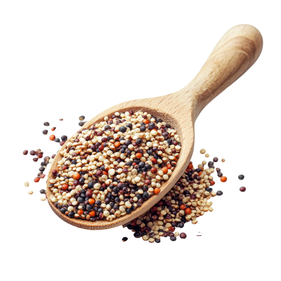 Raw mixed quinoa grains piled in a wooden spoon ready for cooking and healthy meal preparation, Pile of mixed raw quinoa, grain in wood spoon isolated on transparent background png