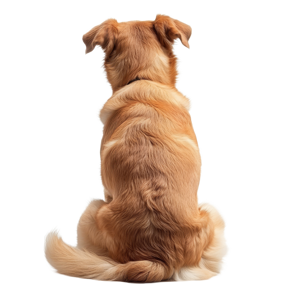 A golden dog sitting patiently with its back to the viewer against a bright transparent background in a hue, dog sit, back view, isolated transparent background png