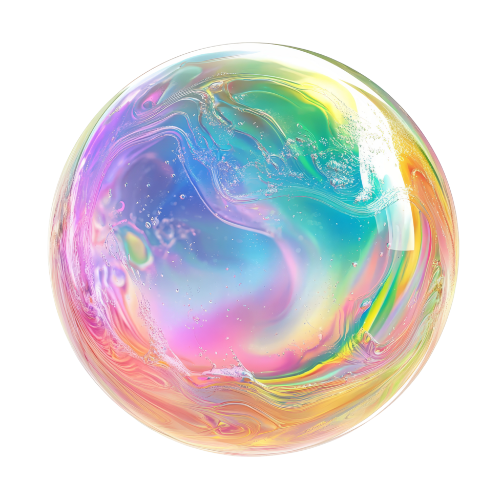 Rainbow colored soap bubble floating in the air against a pure transparent background, showcasing vibrant hues and patterns, rainbow colors soap bubble isolated on transparent background png