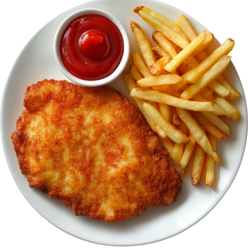 Delicious chicken schnitzel served with crispy french fries and tangy ketchup for a satisfying meal, Chicken schnitzels with french fries and ketchup png