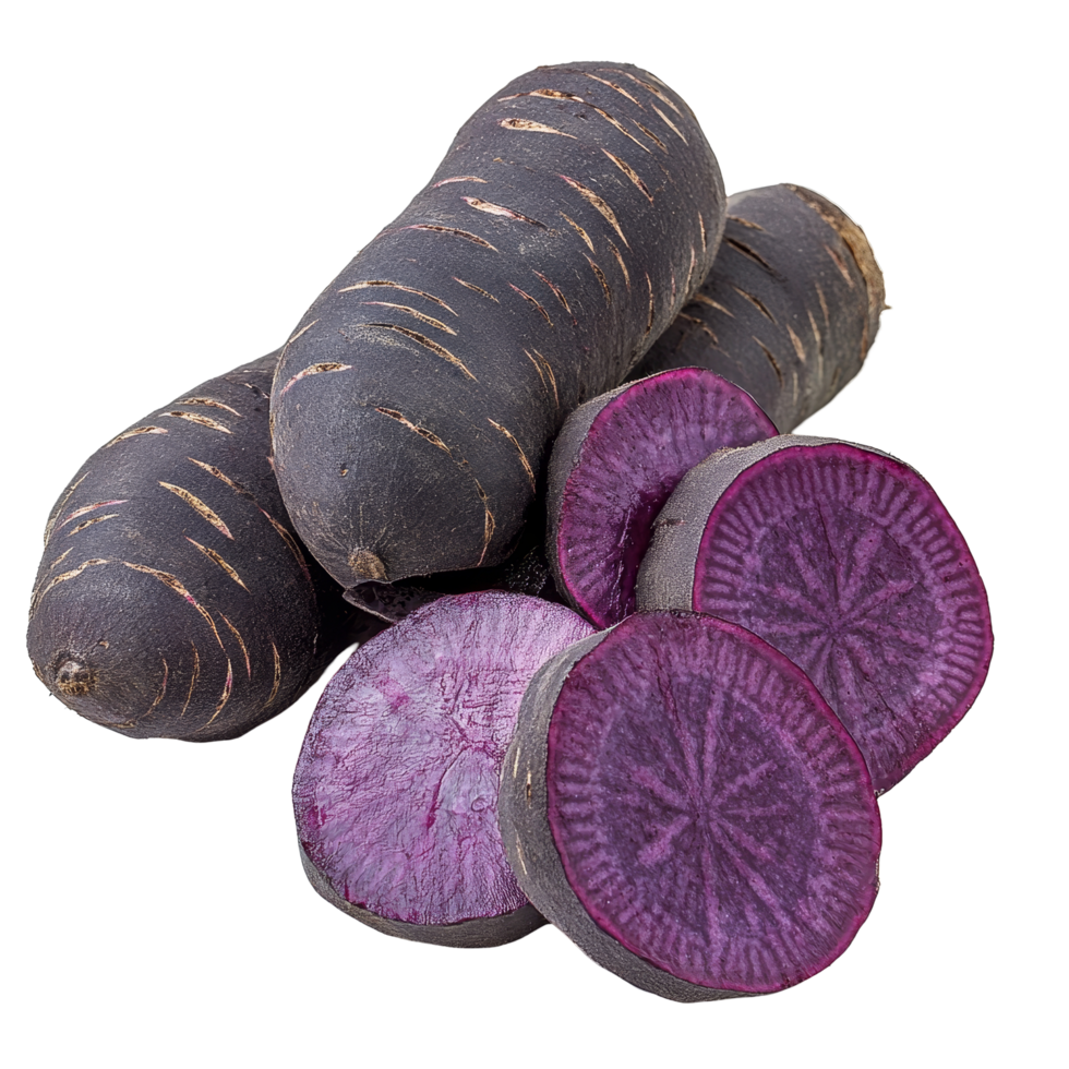 Slices of vibrant purple yams on a clean transparent background showcasing their rich color and unique texture, Slice purple yams on transparent background png