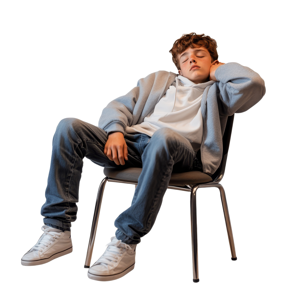 A young teenager is sleeping on a chair during a quiet afternoon while wearing a hoodie and jeans, Young teenager sitting on a chair and sleeping file no background png