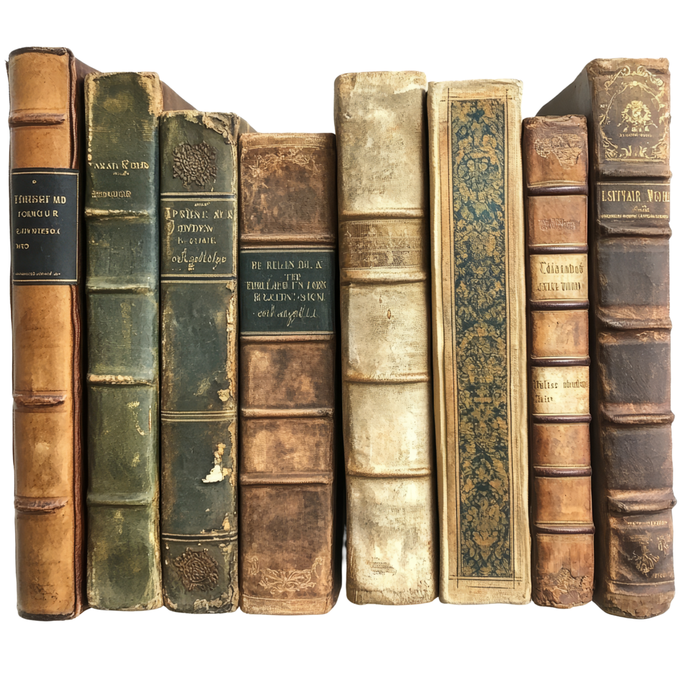 Collection of vintage books with unique bindings displayed on a transparent background showcasing their historical charm, Vintage Book s in Various Bindings on transparent background png
