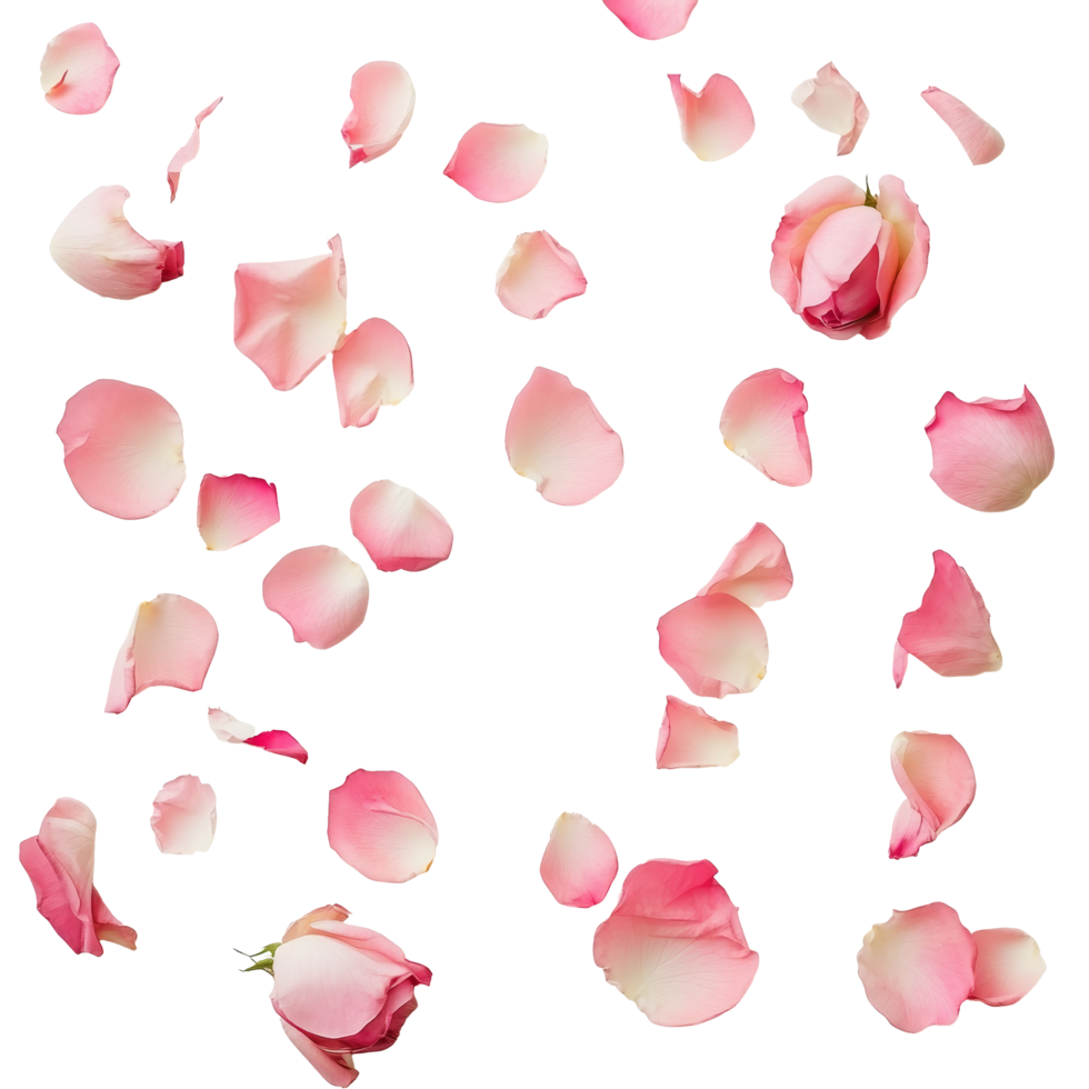 Delicate pink rose petals scattered elegantly on a soft transparent background, creating a serene and romantic atmosphere, Pink Rose Petals on transparent background png