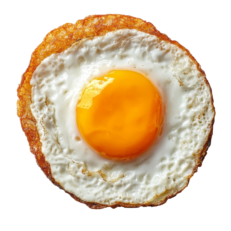 Fried egg viewed from above on a solid transparent background, showcasing its vibrant yellow yolk and crispy edges, fried egg. top view. isolated on transparent solid transparent background png