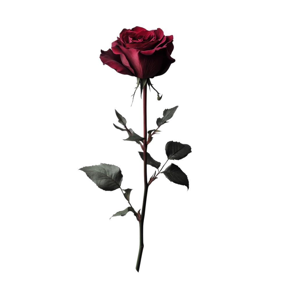 A beautiful red rose with green leaves set against a clean transparent background, showcasing its vibrant colors and details, red rose on transparent background png