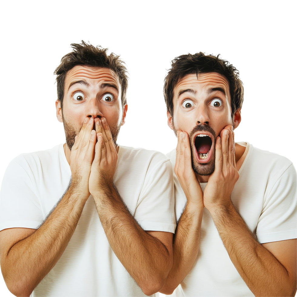 Two amazed friends express surprise in an isolated setting while displaying their reactions to an unexpected event, two amazed men friends, file of isolated object on transparent background png