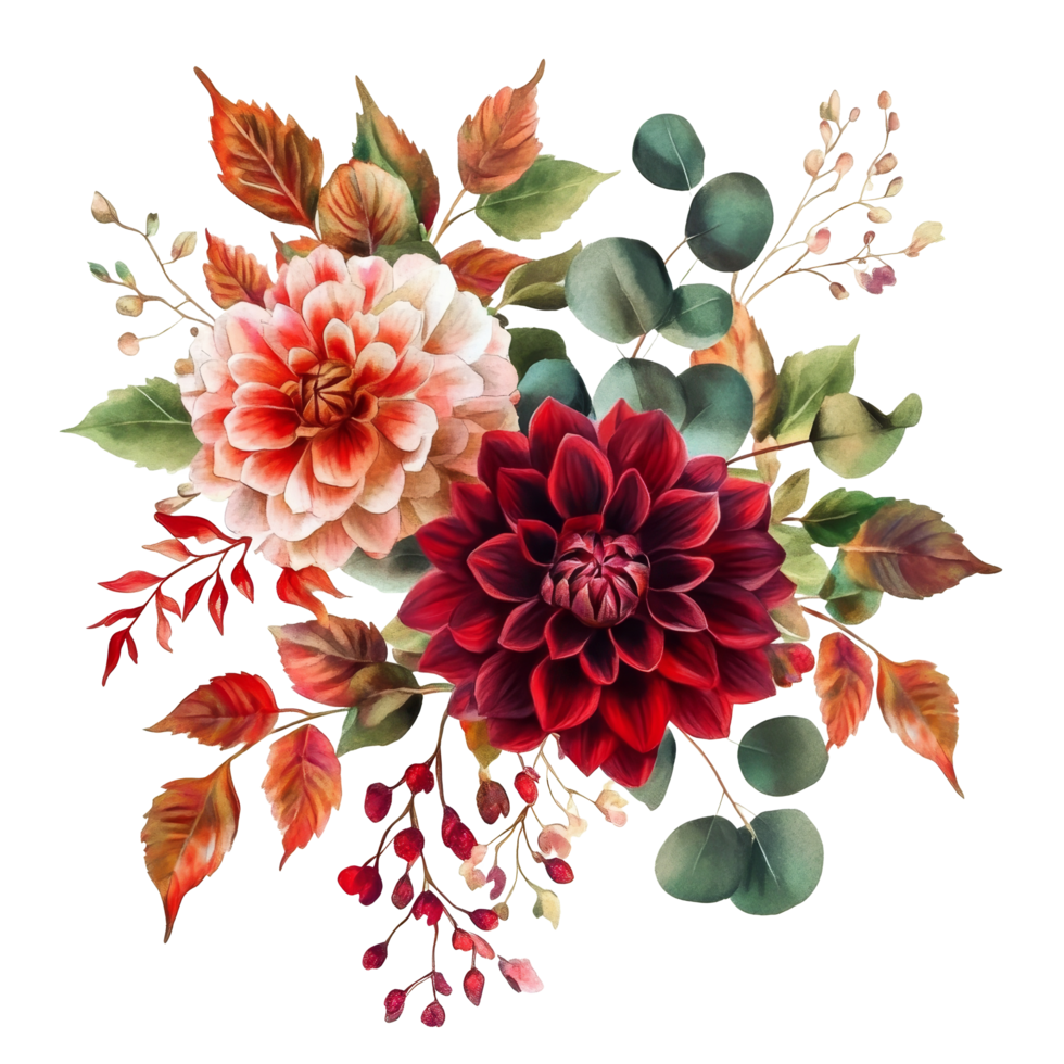 Vibrant autumn floral arrangement featuring dahlia, rose, and eucalyptus leaves with warm colors, Autumn floral corner border with dahlia, rose and eucalyptus leaves png