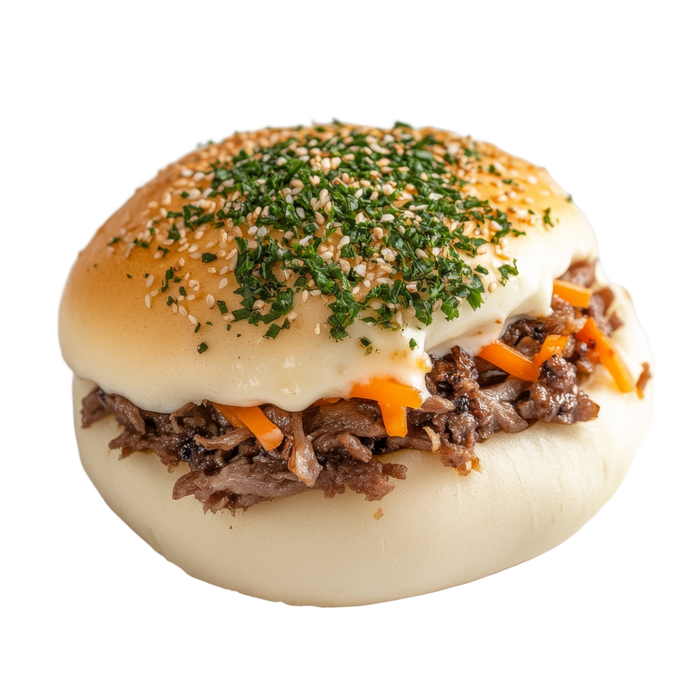 Delicious beef bun topped with herbs and sesame on a transparent background, beef bun transparent background png