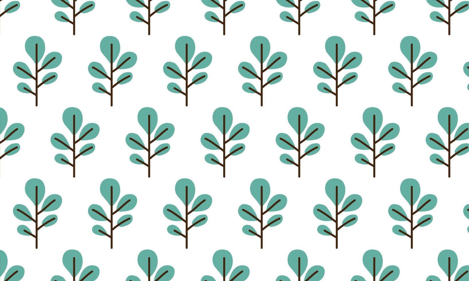 Seamless illustration of a repeating pattern with stylized leaves. Features teal leaves with brown stems creating a symmetrical, decorative design on a white background. vector