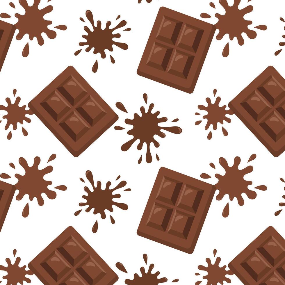 Seamless illustration featuring chocolate bars and splashes against a white background. The playful pattern showcases the rich texture of chocolate in a fun arrangement. vector