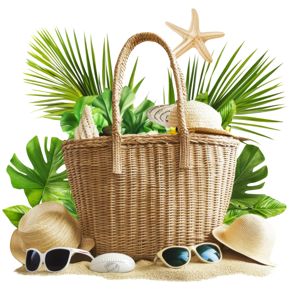 A stylish beach bag filled with accessories for a sunny day on the coast, file no background Beach bag with accessories and tropical beach png