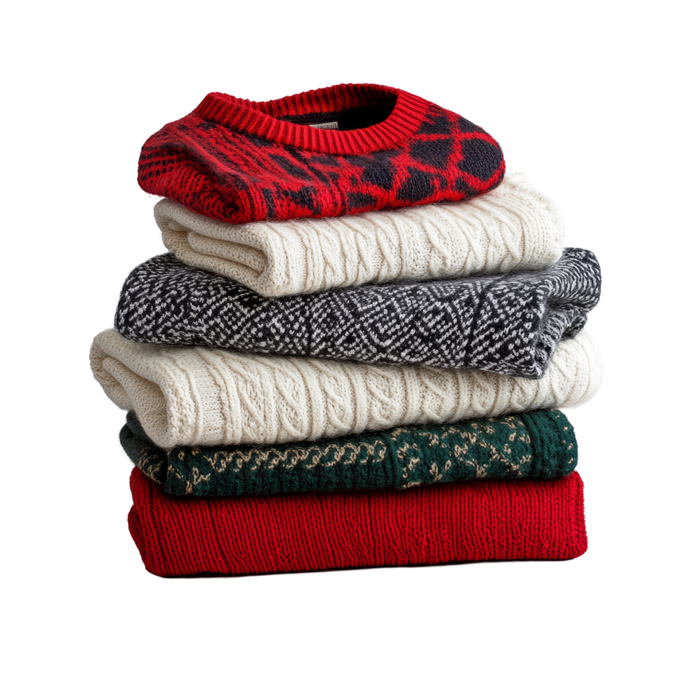 A cozy stack of assorted sweaters in festive colors neatly arranged on a transparent background, sweaters stacked group on transparent background png