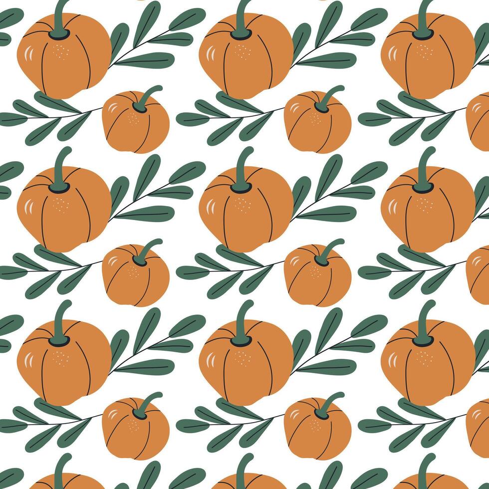 Seamless pattern of orange pumpkins and green leaves on a white background. Illustration perfect for autumn-themed designs, textiles, and decorative projects. vector