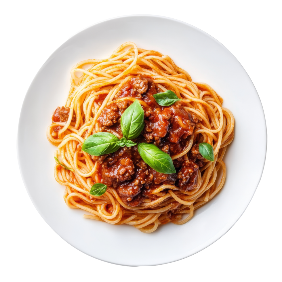 Delicious spaghetti with tomato beef sauce garnished with fresh basil on a transparent plate, ready to enjoy for dinner, spaghetti pasta with tomato beef sauce on transparent background png