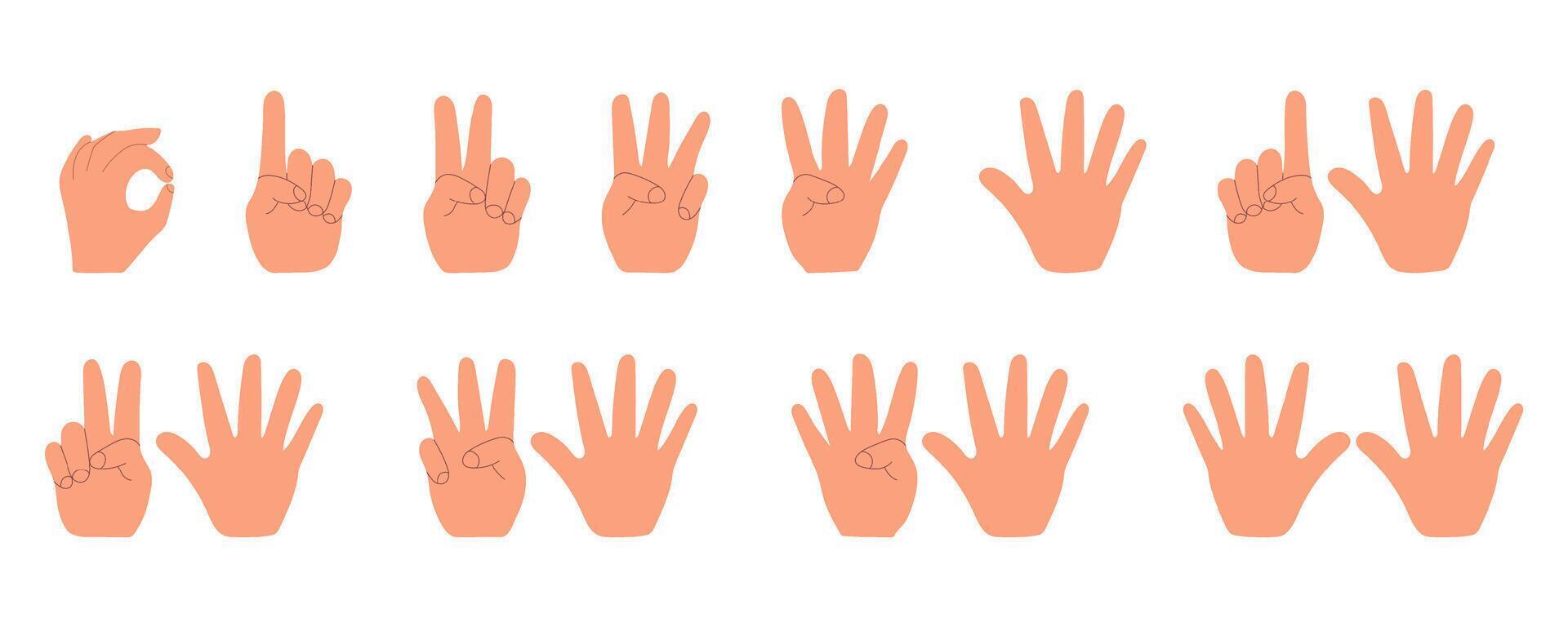Illustration displaying a series of hand gestures representing the numbers 0 through 10. Each hand illustration is clearly defined to convey numerical values using fingers. vector