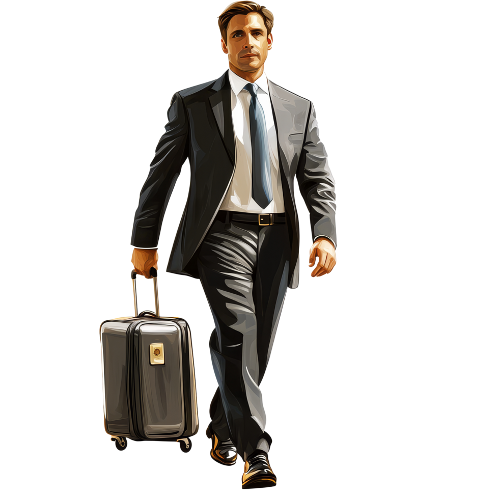 Businessman in a suit traveling confidently with a suitcase on a professional journey, file no background Businessman traveling with a trolley bag png