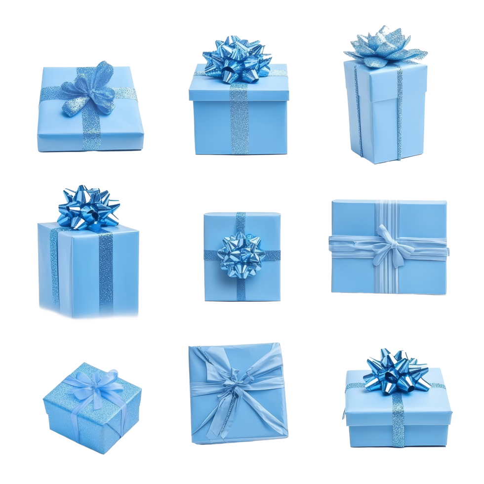 A collection of blue gift boxes with ribbons beautifully arranged on a transparent background, Various of blue gift boxes isolated on transparent background. png