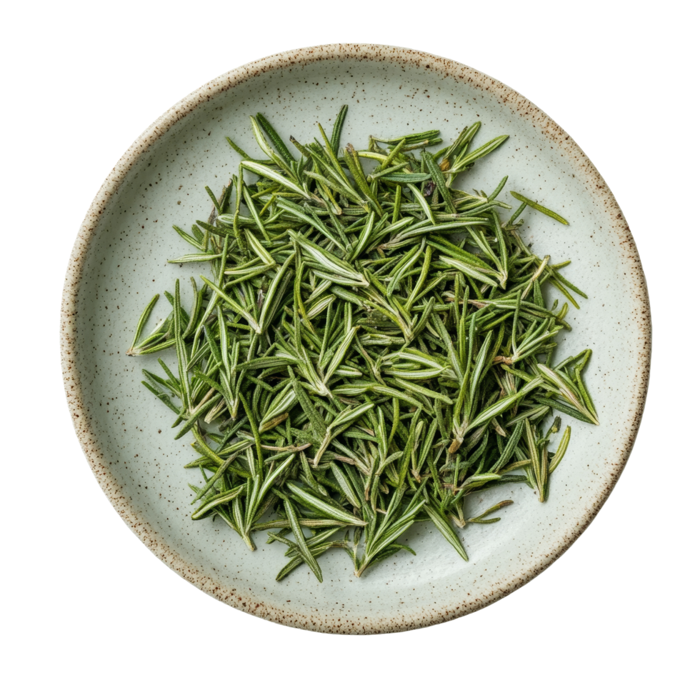 Dried rosemary leaves arranged neatly in a rustic plate isolated on a transparent surface for culinary use, Dried rosemary leaves in a plate isolated on transparent background png