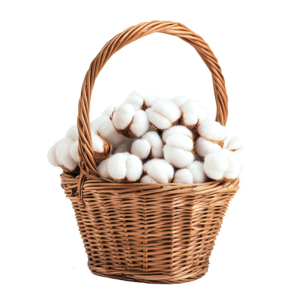 A woven basket filled with fluffy transparent cotton sits on a clean transparent background, showcasing the soft, natural fibers in a tone, cotton in the basket on transparent background png